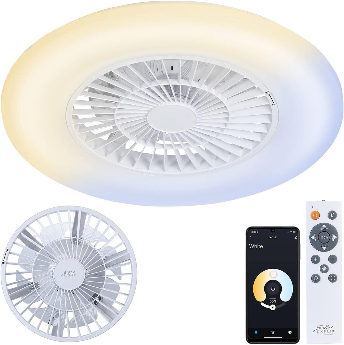 Ventoinha de teto com luz, Sichler Haushaltsgeräte, Deckenventilator, 60 cm, 6 níveis, com comando à distância, com temporizador, Branco