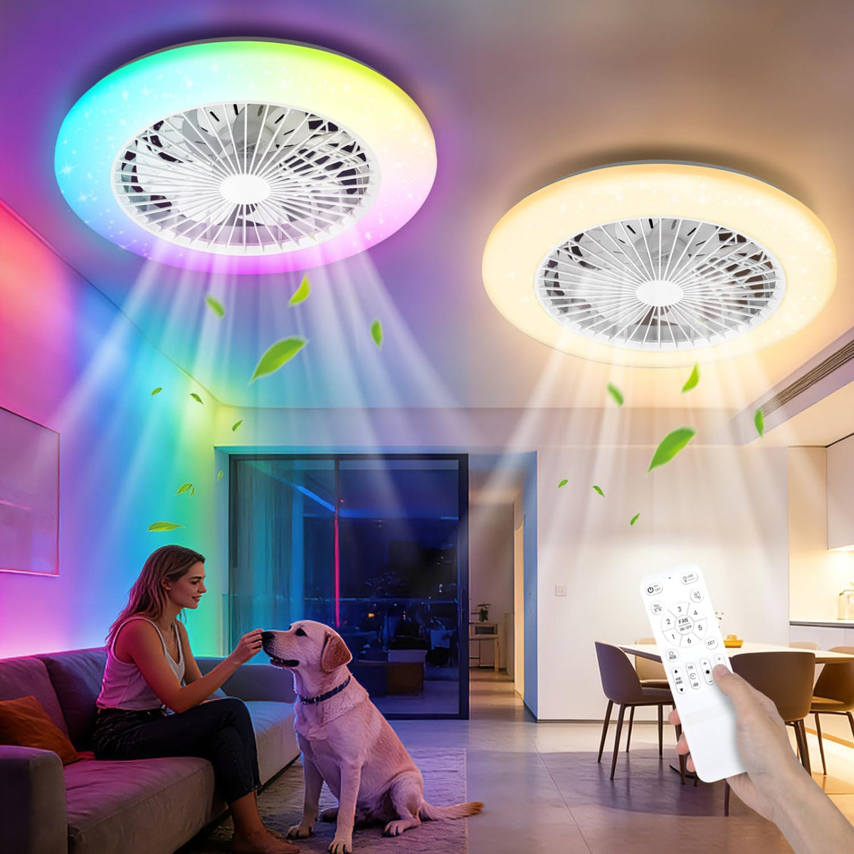 Ventoinha de teto com luz, Aigostar, Deckenventilator, 46W, 48cm, com comando à distância, com temporizador, Branco / Rgb, para uso diário
