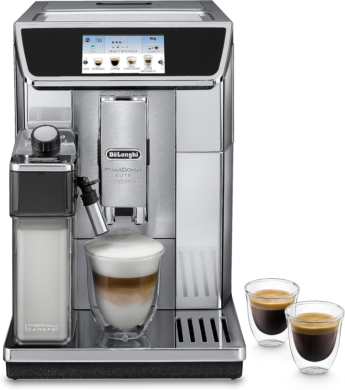 Máquina de café automática, De'Longhi, PrimaDonna, 4,3 ', 200 g, com controlo por aplicação, aço inoxidável, aço, Prateado, para a cozinha