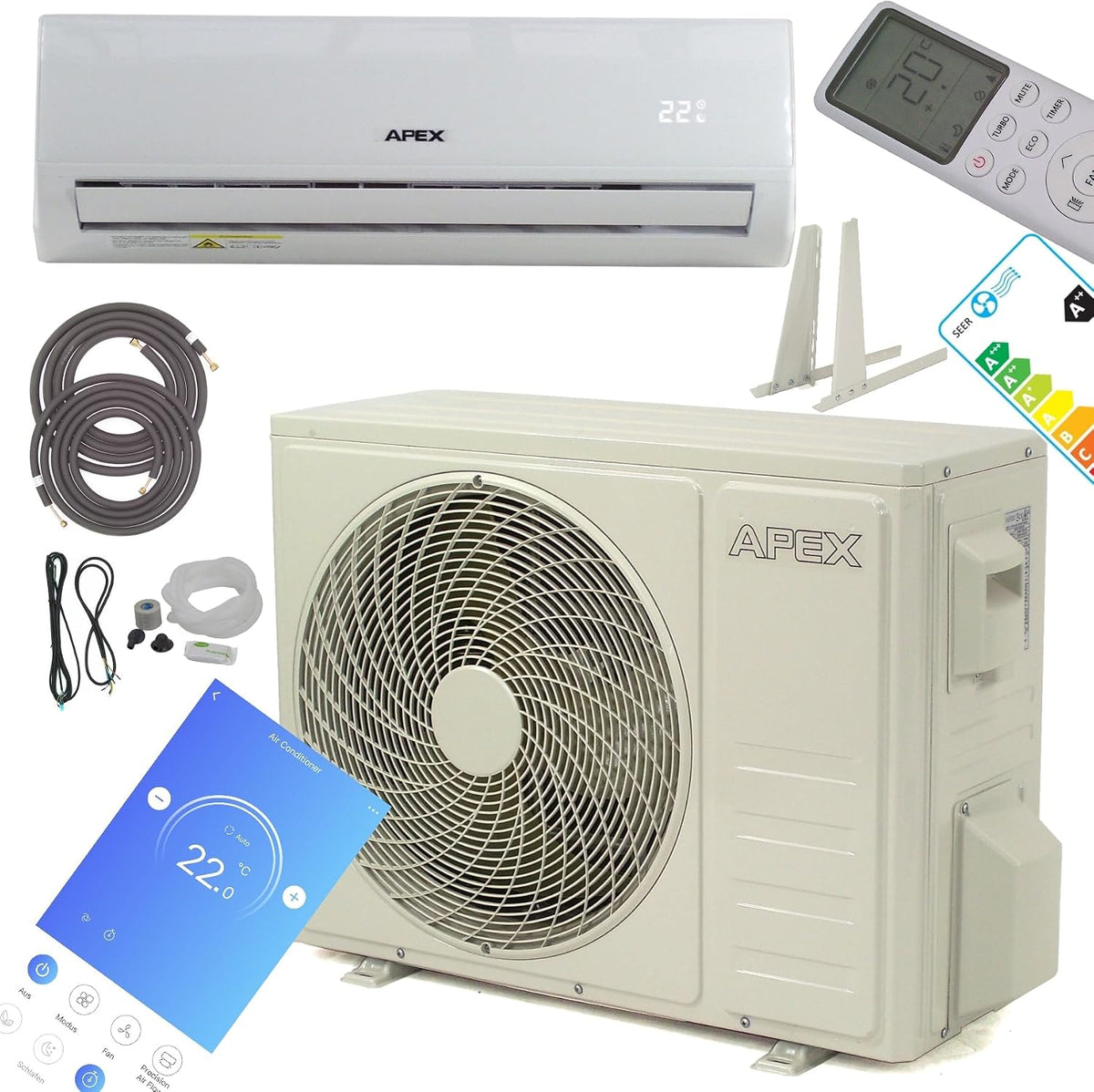 Ar condicionado split, Apex, 5140W, 18000 A, 47 dB, 230V, com comando à distância, com temporizador, com controlo por aplicação, Branco