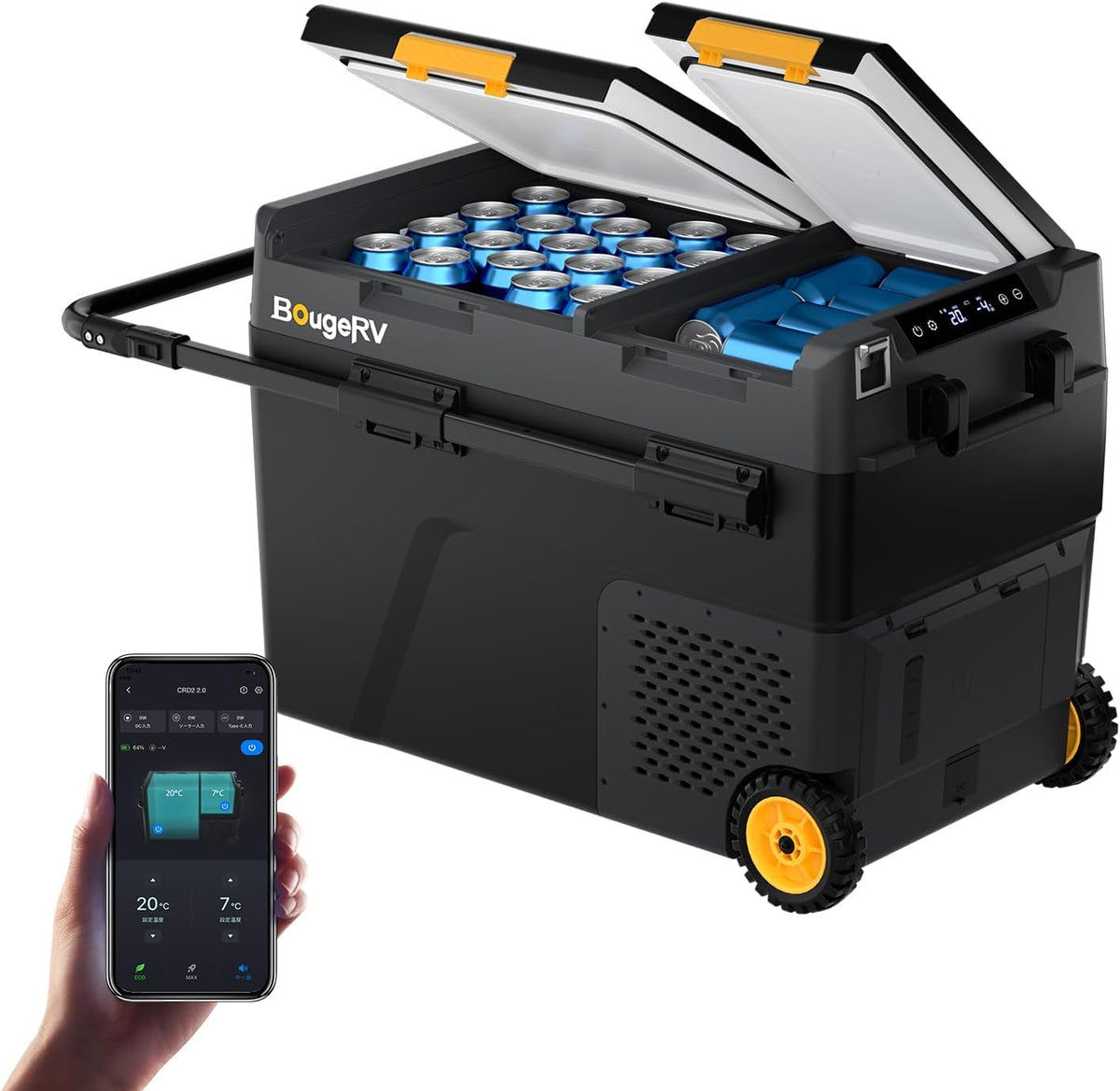 Frigorífico, BougeRV, CRD2, 49L, 12V, 24V, 230V, resistente à água, com controlo por aplicação, com rodas, Preto / Amarelo, para uso diário