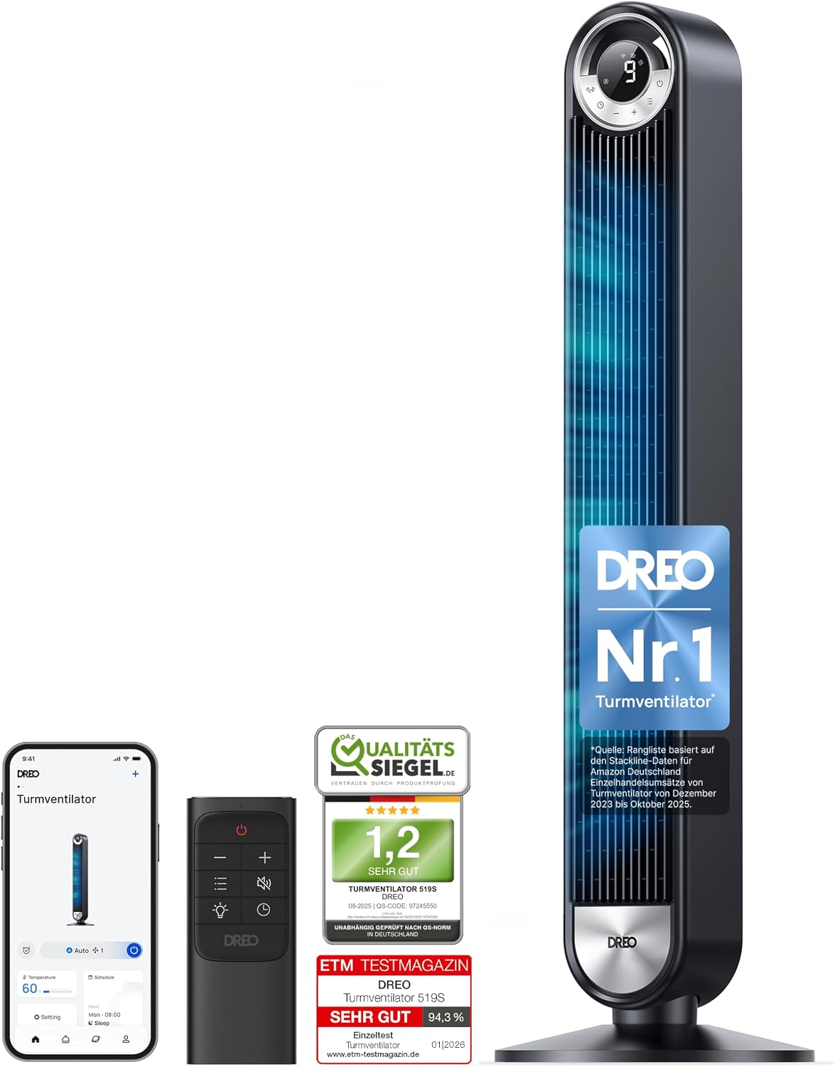Ventoinha de torre, DREO, 25 dB, 106cm, com comando à distância, com temporizador, Preto, para uso diário