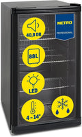 Minifrigorífico, METRO Professional, Mini-K, 88 L, 0.33 l, 0.5 l, 8 kg, altura regulável, regulável, aço inoxidável, aço, Preto, para uso diário