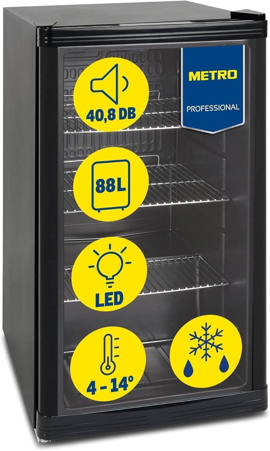 Minifrigorífico, METRO Professional, Mini-K, 88 L, 0.33 l, 0.5 l, 8 kg, altura regulável, regulável, aço inoxidável, aço, Preto, para uso diário