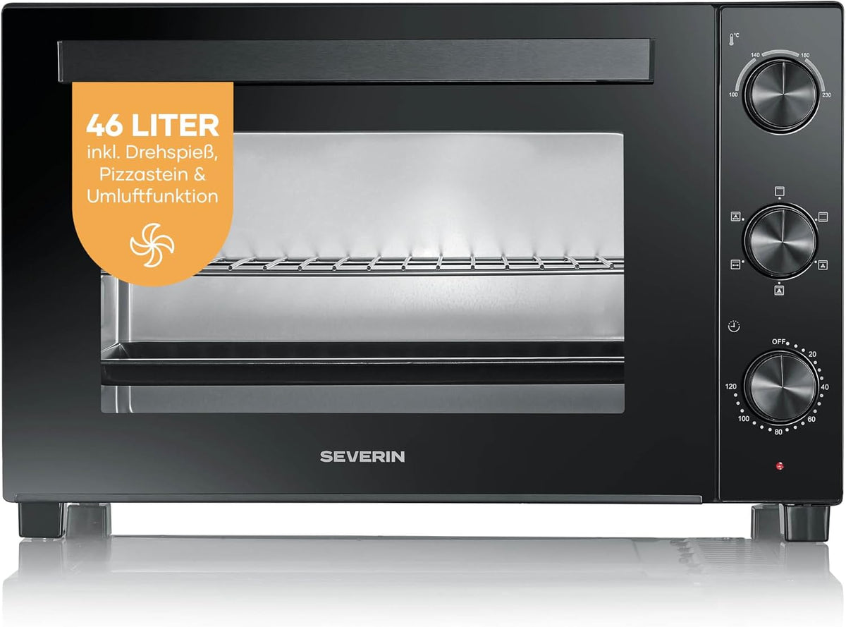 Forno elétrico, SEVERIN, Back-, 46 L, 1800 W, 29 cm, 36,5 cm, 57,0 × 40,5 × 36,5 cm, com temporizador, Preto, para a cozinha