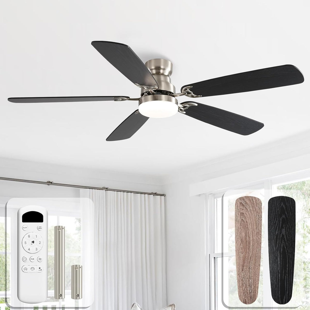 Ventoinha de teto com luz, Sofucor, Deckenventilator, 132 cm, 12,5cm, 25cm, 52 ', com comando à distância, com temporizador, aço, madeira