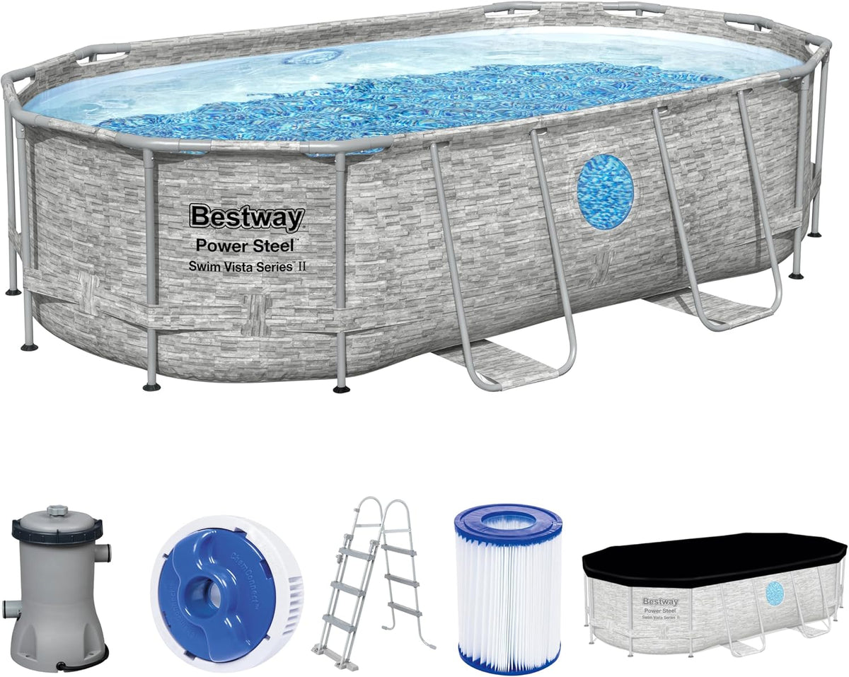 Piscina com estrutura metálica, Bestway, Power, 100 cm, 427 × 250 × 100 cm, aço, CremeCinzento / Azul, para utilização no exterior