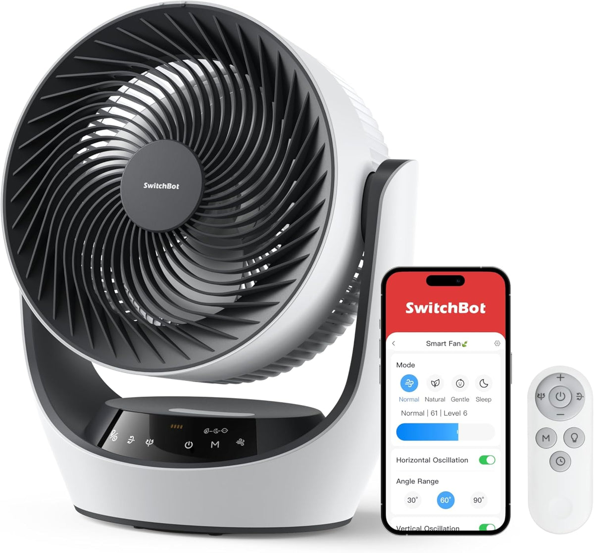 Ventoinha de mesa, SwitchBot, USB, 24 dB, com comando à distância, com temporizador, com portas, Preto / Branco, para uso diário