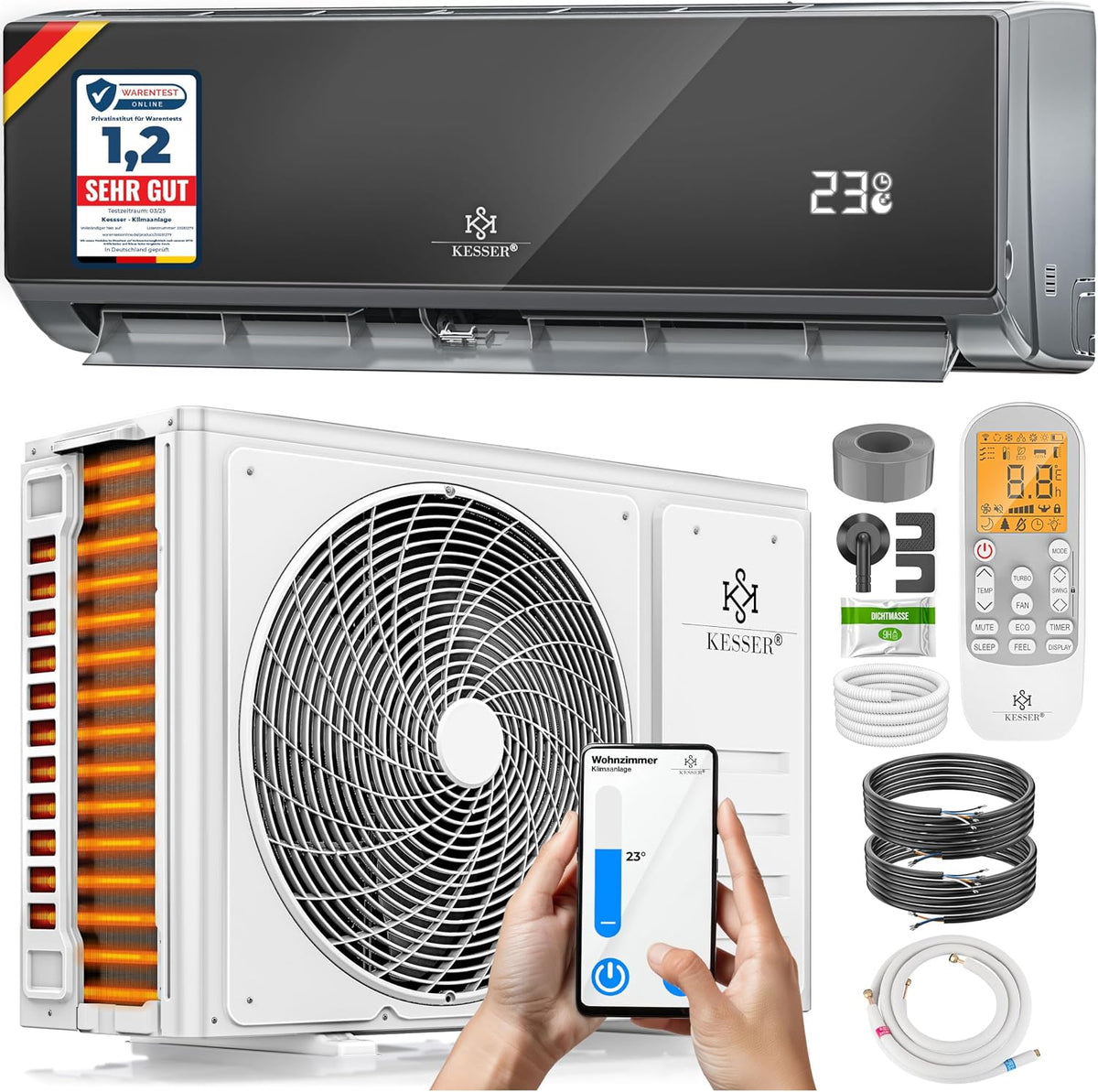 Ar condicionado split, KESSER, Klimaanlage, 5.300W, com comando à distância, com temporizador, com controlo por aplicação, Antracite / Branco