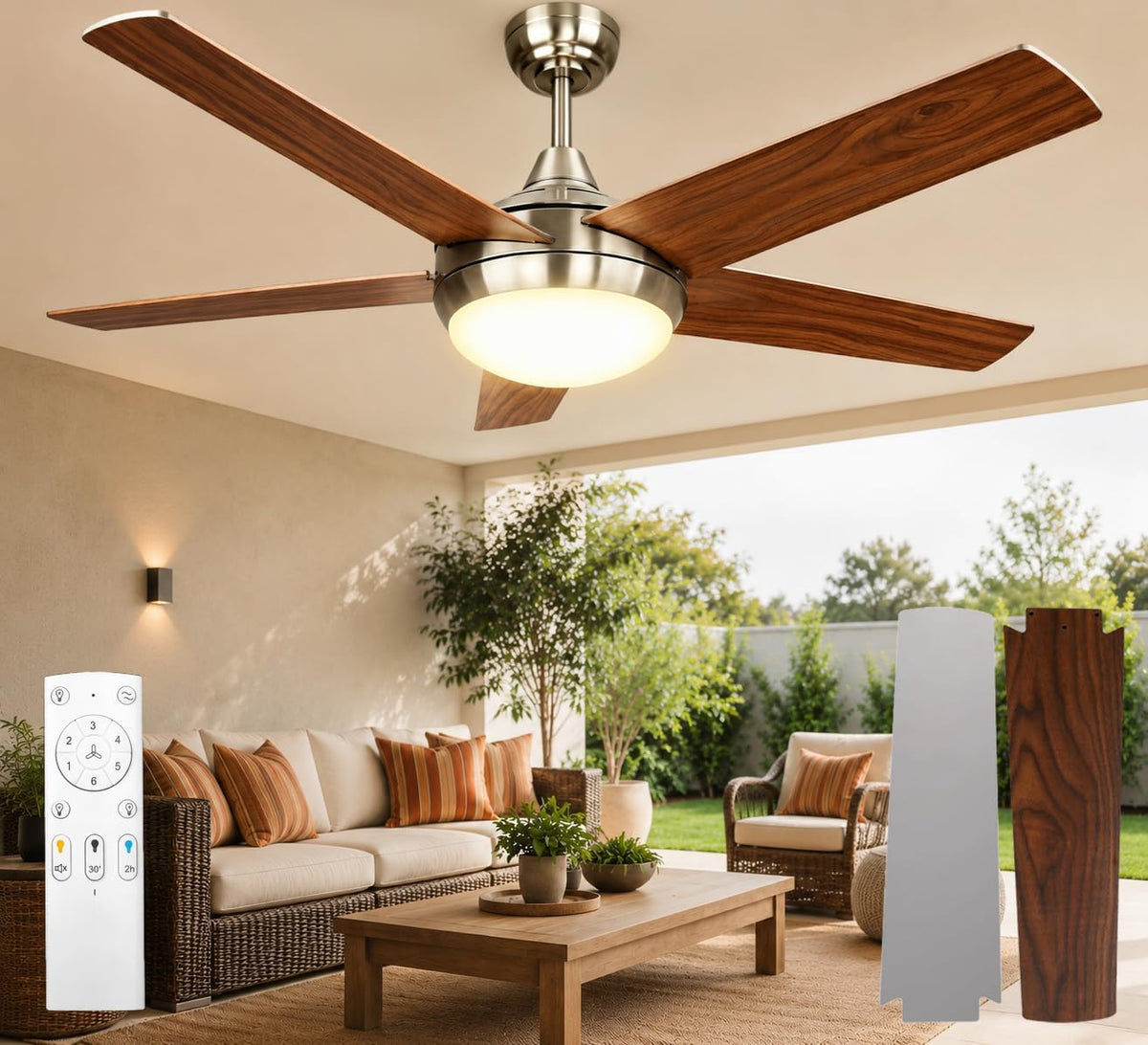 Ventoinha de teto com luz, Omdekor, 3000K-6500K, 132cm, 30 W, com comando à distância, com temporizador, madeira, Prateado / Castanho / Branco