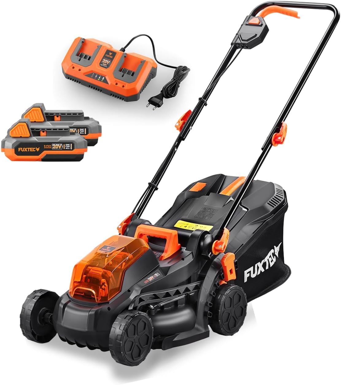 Corta-relva, Fuxtec, FX-E1RM20-SET, 40V, 33cm, 35L, 14kg, com bateria, com carregador, Preto / Laranja, para utilização no exterior