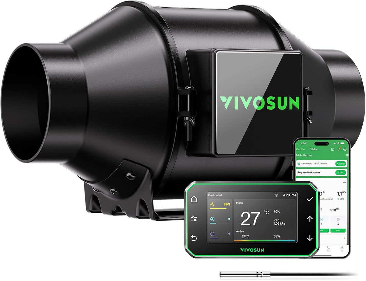 Ventoinha, VIVOSUN, Rohrventilator, com controlo por aplicação, Preto, para uso diário