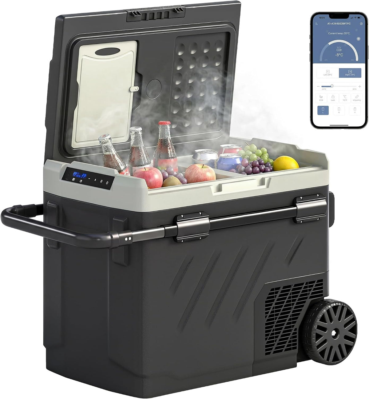 Geleira portátil, Outsunny, 12/24/240V, 49 L, 240 V, com iluminação LED, com rodas, plástico, Bege, para uso diário