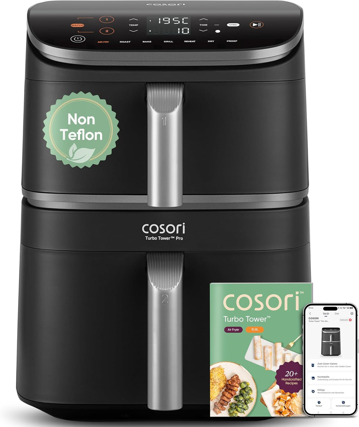 Fritadeira de ar quente, Cosori, Turbo, 10,8L, 6,5L, 4,3L, 23,5cm, 8,5cm, com controlo por aplicação, aço inoxidável, aço, Preto / Prateado