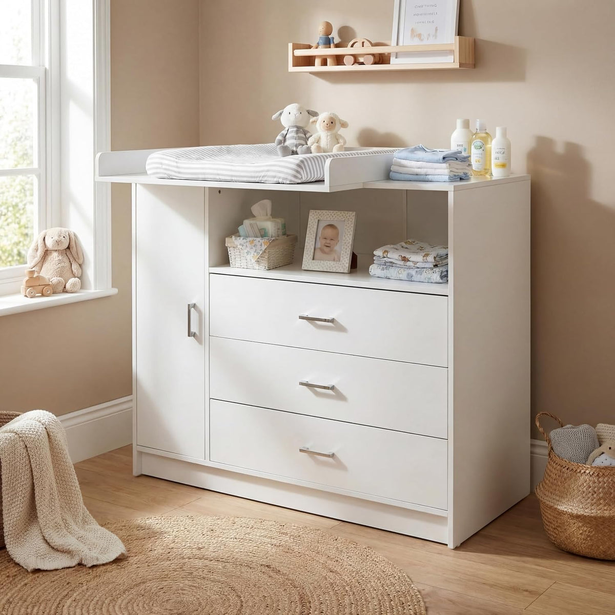 Aparador, ecomi, Wickelkommode, 100 cm, 113 × 100 cm, com gavetas, com prateleiras, com portas, madeira, Branco, para uso diário