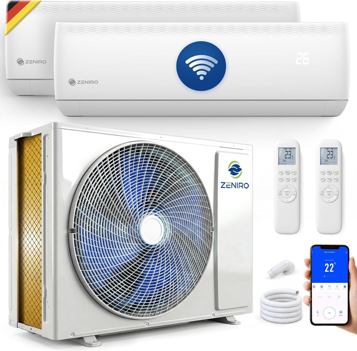 Ar condicionado split, Zeniro, 2,6kW, 3,5kW, 7,9kW, com comando à distância, com controlo por aplicação, Branco, para uso diário