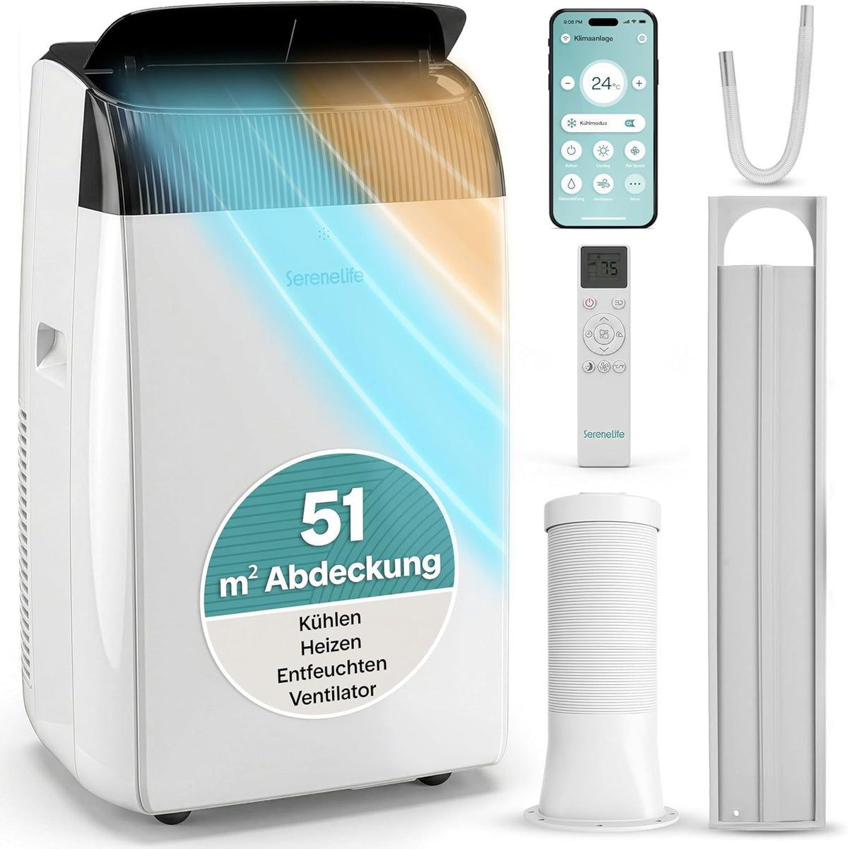 Ar condicionado portátil, SereneLife, klimager, 3,52 kW, 51 dB, 68,8 cm, 41,9 × 35,7 × 68,8 cm, com comando à distância, com temporizador