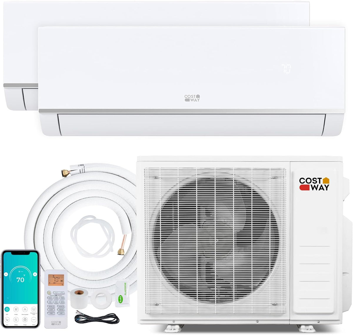 Ar condicionado split, COSTWAY, 20K, 230V, 28 dB, com temporizador, com controlo por aplicação, Branco, para uso diário