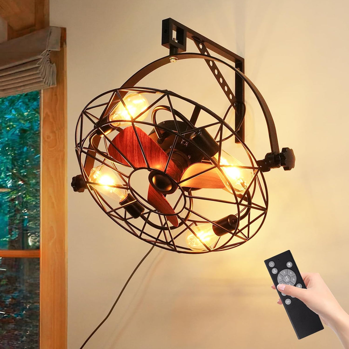 Ventoinha de teto com luz, KRIPINC, 60cm, 25cm, 240V, 35dB, com comando à distância, com temporizador, madeira, Preto / Castanho, para uso diário