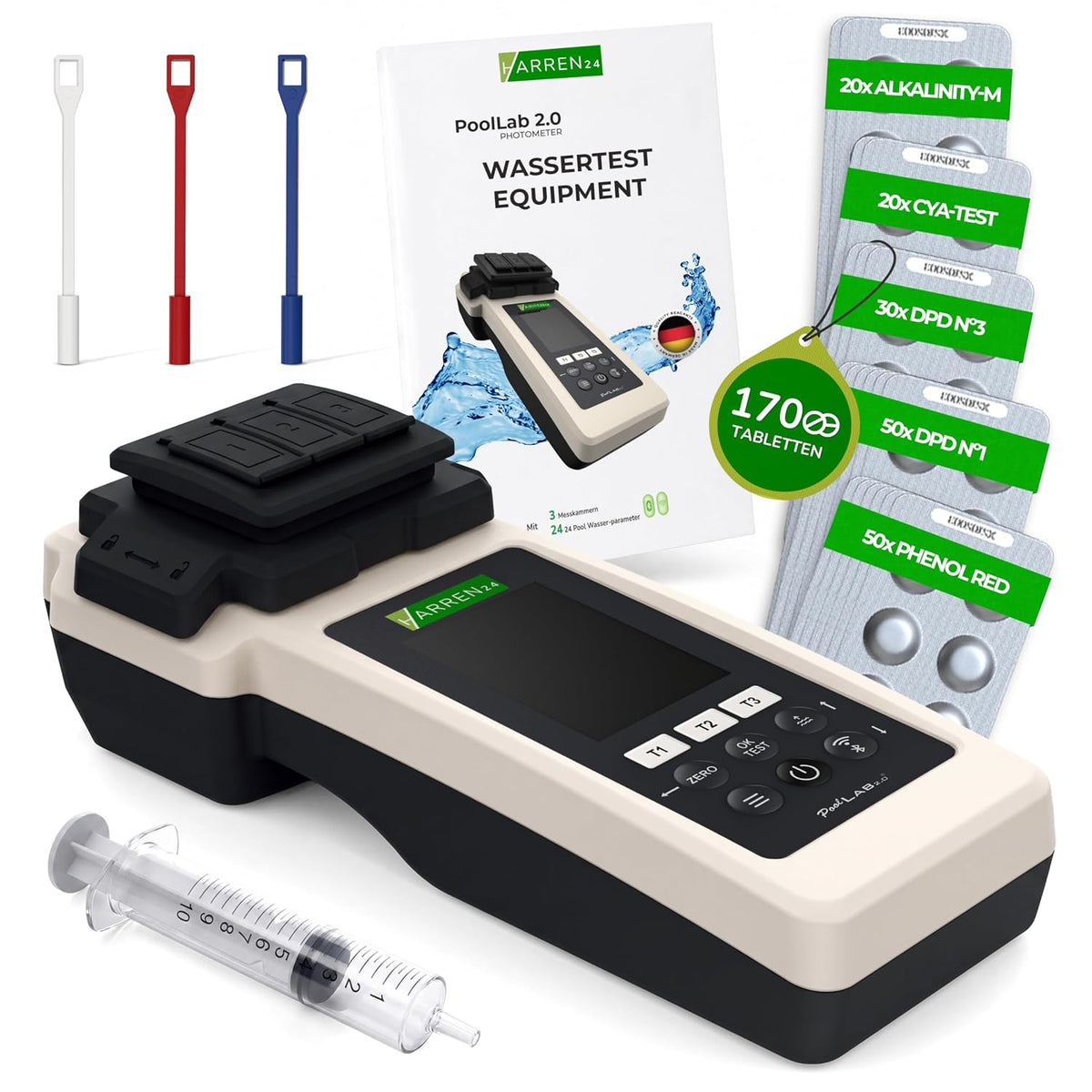 Medidor de qualidade da água, harren24, DPD1, 10 ml, resistente à água, com controlo por aplicação, Preto / Bege, para uso diário