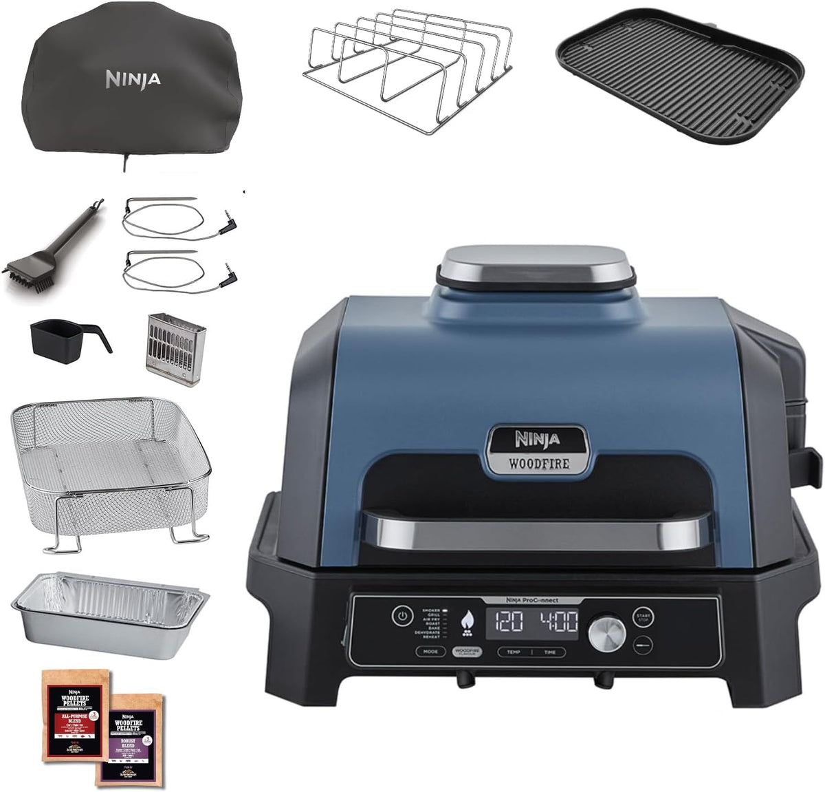 Defumador, Ninja, Woodfire, 3 kg, 41 cm, 57 cm, 51 cm, 18 kg, com controlo por aplicação, madeira, Azul / Preto, para utilização no exterior
