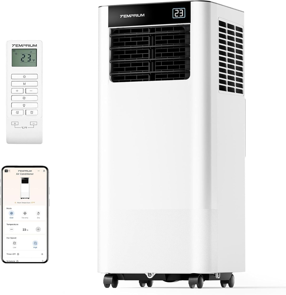 Ar condicionado portátil, Temprium, 9000BTU, com comando à distância, com temporizador, com controlo por aplicação, Branco / Preto, para uso diário