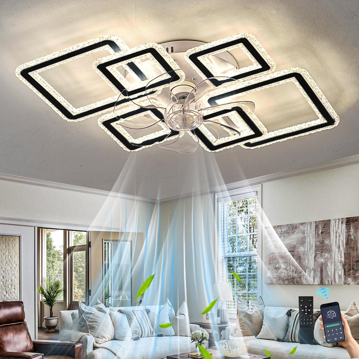 Ventoinha de teto com luz, lnrosy, 84cm, com iluminação LED, com comando à distância, com temporizador, Preto, para uso diário