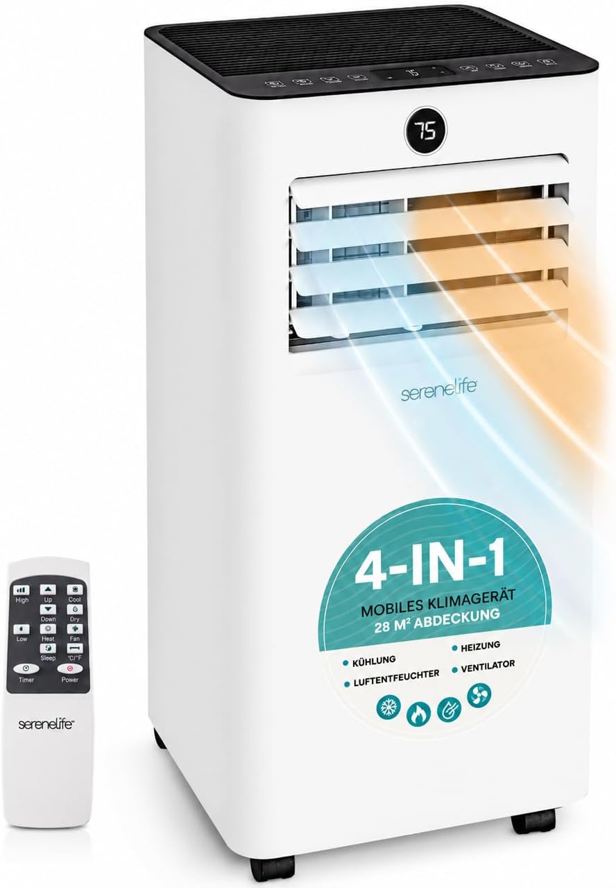 Ar condicionado portátil, SereneLife, Klimaanlage, 54 dB, com comando à distância, com temporizador, com rodas, Branco / Preto, para uso diário