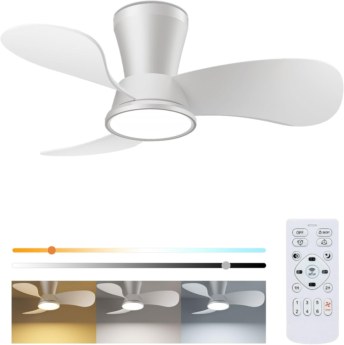 Ventoinha de teto com luz, slochi, Leiser, 30dB, 77cm, 76cm, 22cm, 12W, com comando à distância, com temporizador, plástico, Branco, para uso diário