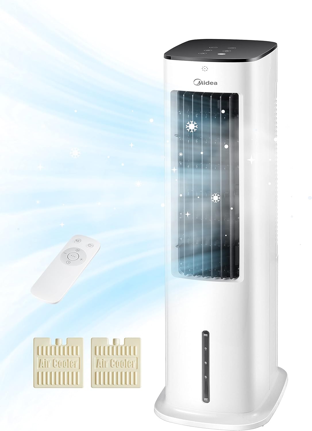 Ventoinha de torre, Midea, Silent, 5L, 55W, com comando à distância, com temporizador, Branco / Preto, para uso diário