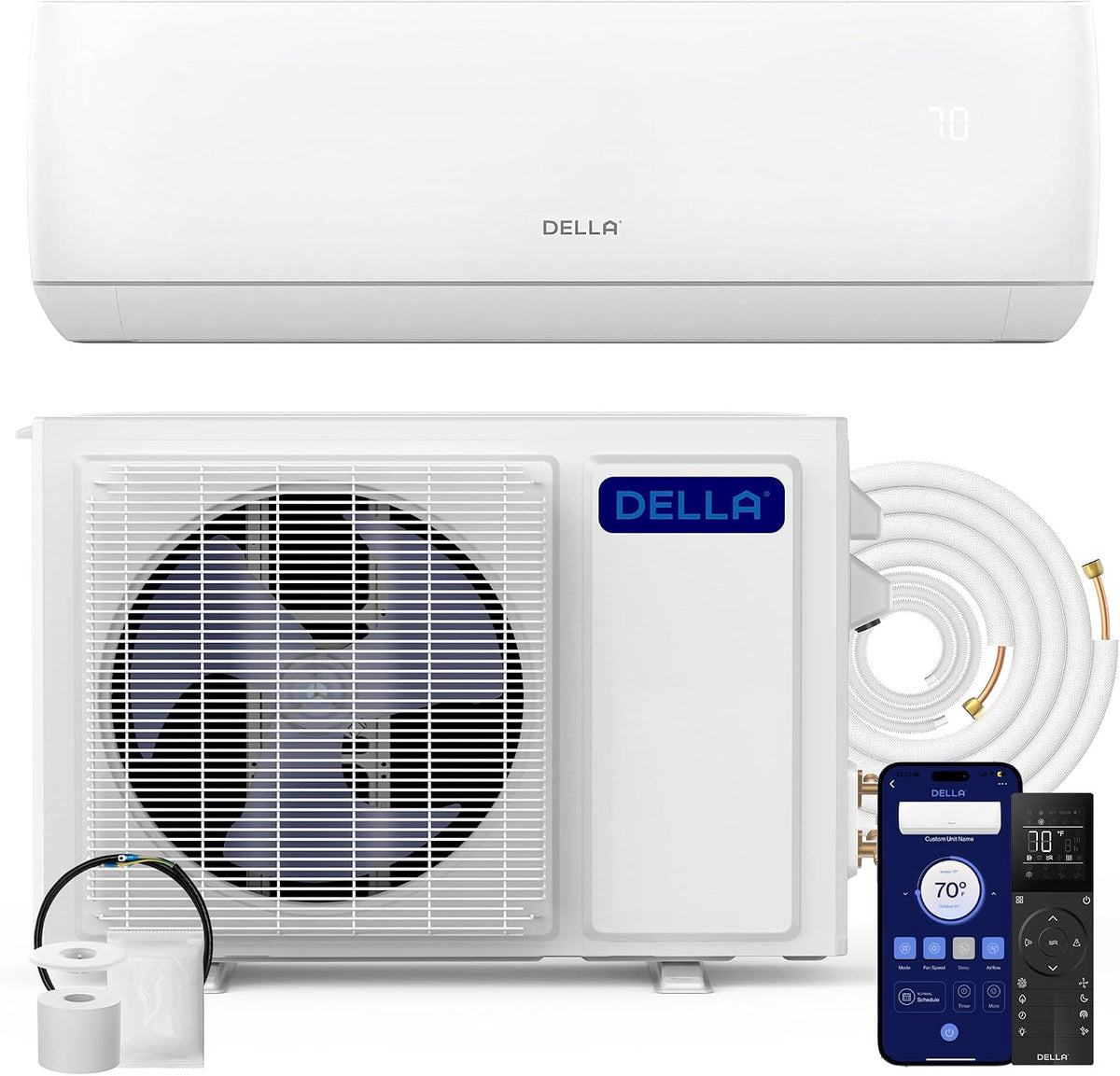 Ar condicionado split, Della, Motto, 230 V, 15 A, 4 ', 2 ', com comando à distância, com temporizador, com controlo por aplicação, Branco