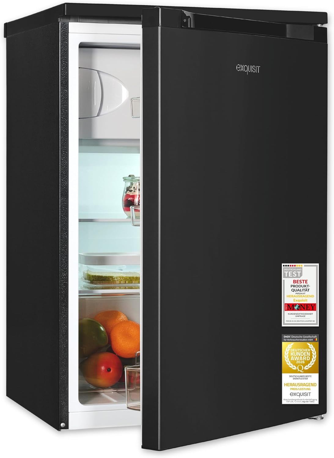 Frigorífico combinado, Exquisit, KS516-4-051C, 37 dB, 55,7 cm, 107 l, 84,5 × 54,9 × 55,7 cm, classe energética C, altura regulável, regulável, Preto