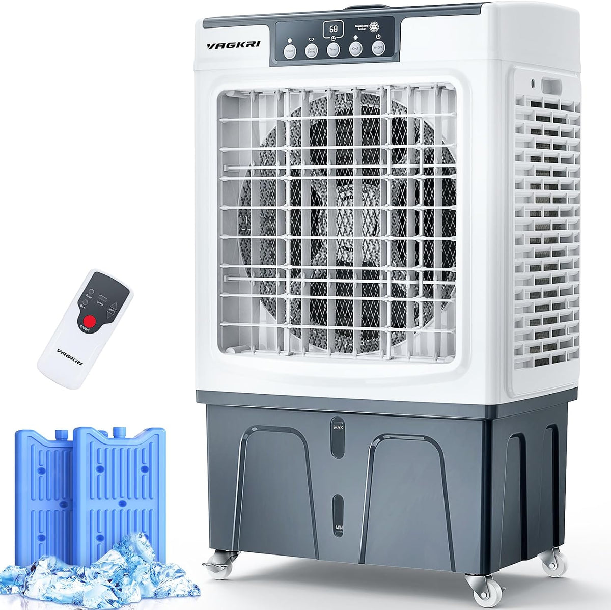 Climatizador evaporativo, VAGKRI, Vagkri, 30 l, 3 níveis, com comando à distância, com temporizador, com rodas, Branco / Cinzento / Azul