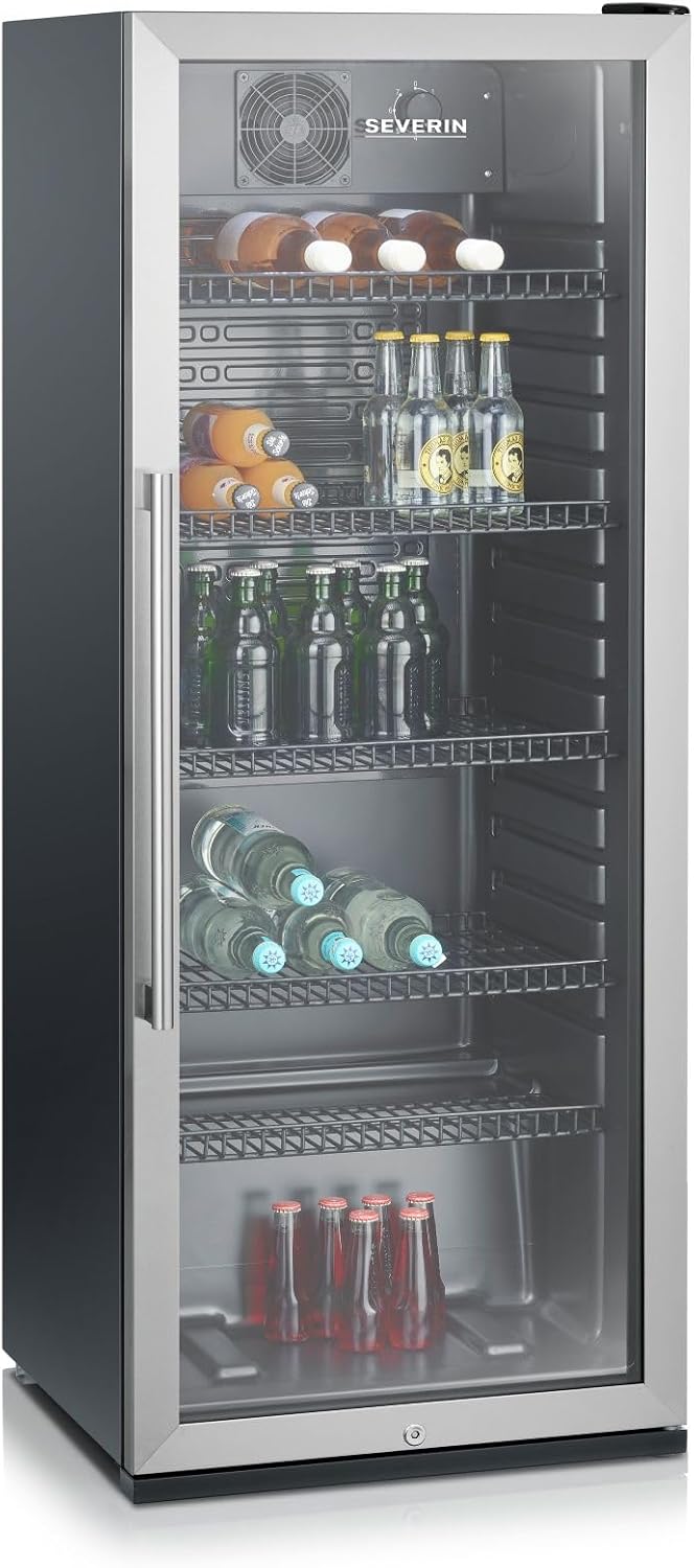 Frigorífico para bebidas, Severin, 237 L, 0,33 L, 0 a, 241 L, 43 dB, com iluminação LED, com prateleiras, vidro, Preto, para uso diário