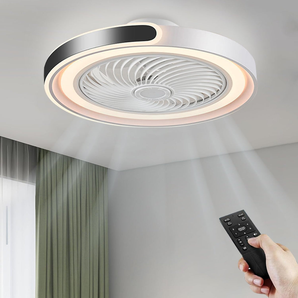 Ventoinha de teto com luz, AHRHSM, 50 cm, 220 V, 30 dB, com iluminação LED, com comando à distância, com temporizador, plástico, metal, Branco / Preto