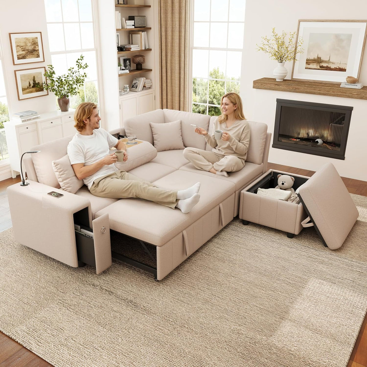 Sofá, Sapgaks, 88 cm, 150 kg, 46 cm, 43 cm, 58 cm, 213 × 184 × 88 cm, dobrável, aço inoxidável, aço, Bege, para a sala