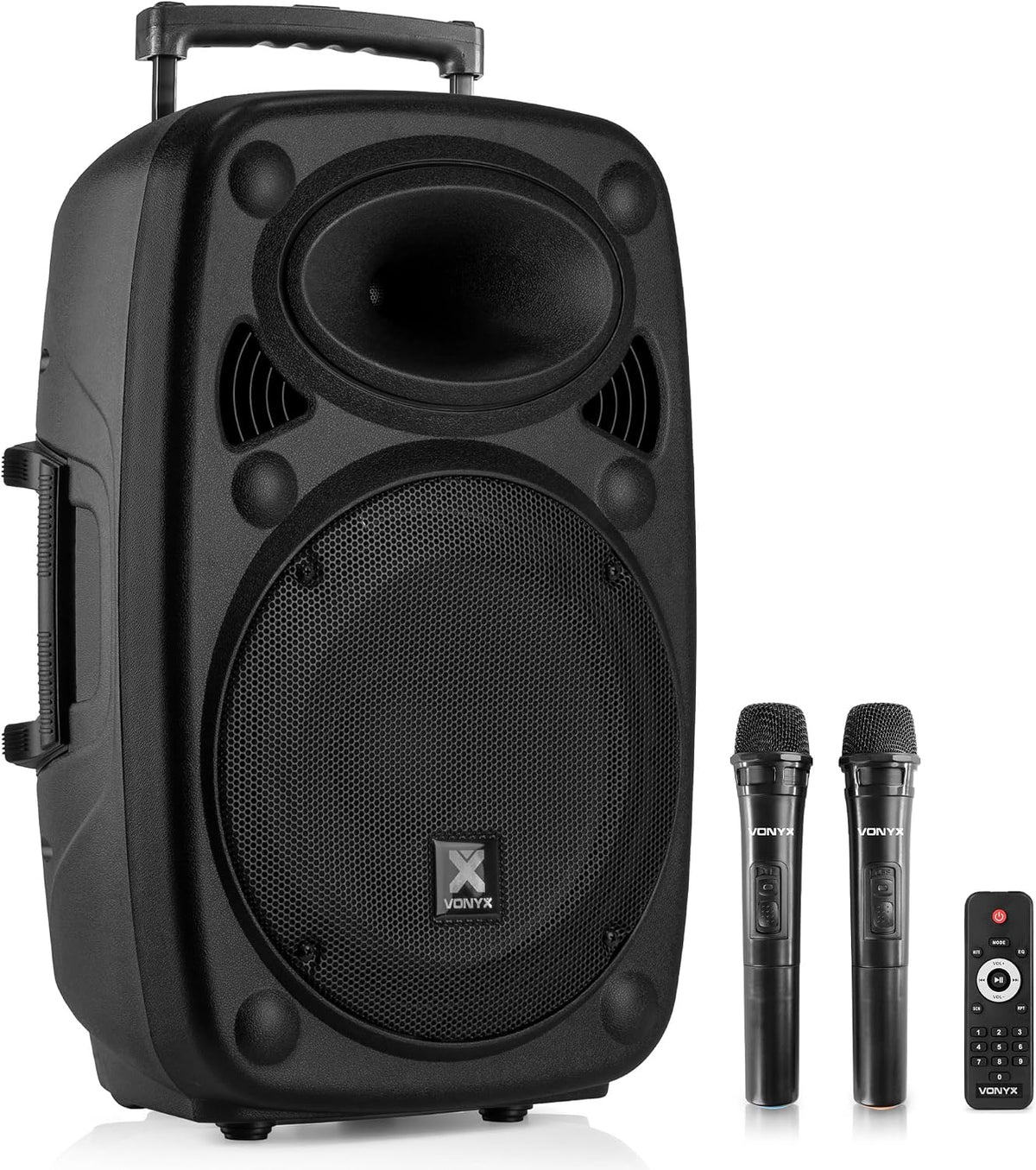 Coluna de som, Vonyx, Verve46, 1000 W, 7.2 Ah, classe D, com comando à distância, com rodas, tecido, Preto, para uso diário