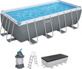 Piscina com estrutura metálica, Bestway, Power, 122 cm, 488 × 244 × 122 cm, 3.028 l/h, 640 cm, 132 cm, aço, madeira, Cinzento / Branco