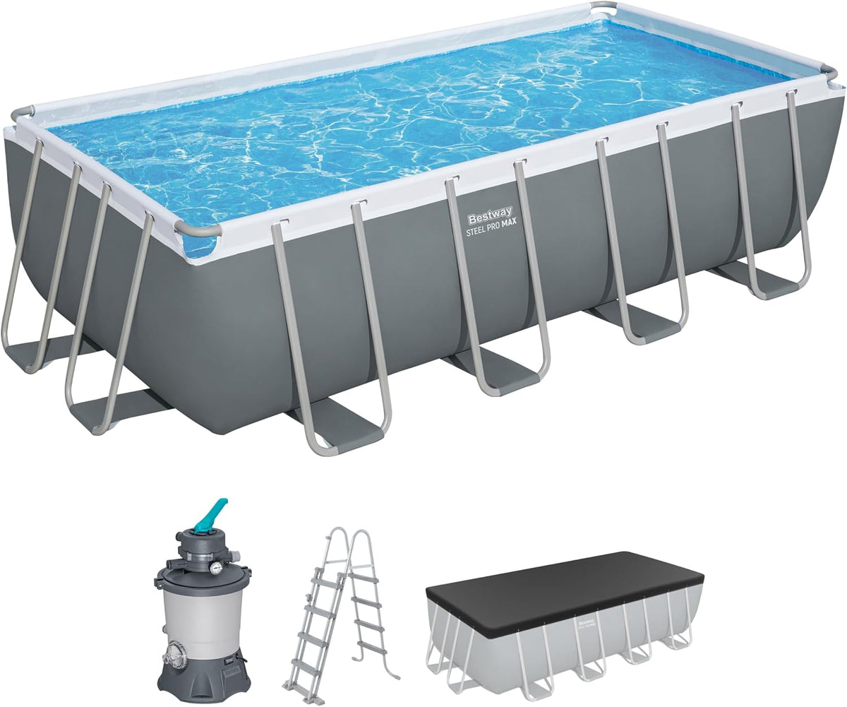 Piscina com estrutura metálica, Bestway, Power, 122 cm, 488 × 244 × 122 cm, 3.028 l/h, 640 cm, 132 cm, aço, madeira, Cinzento / Branco