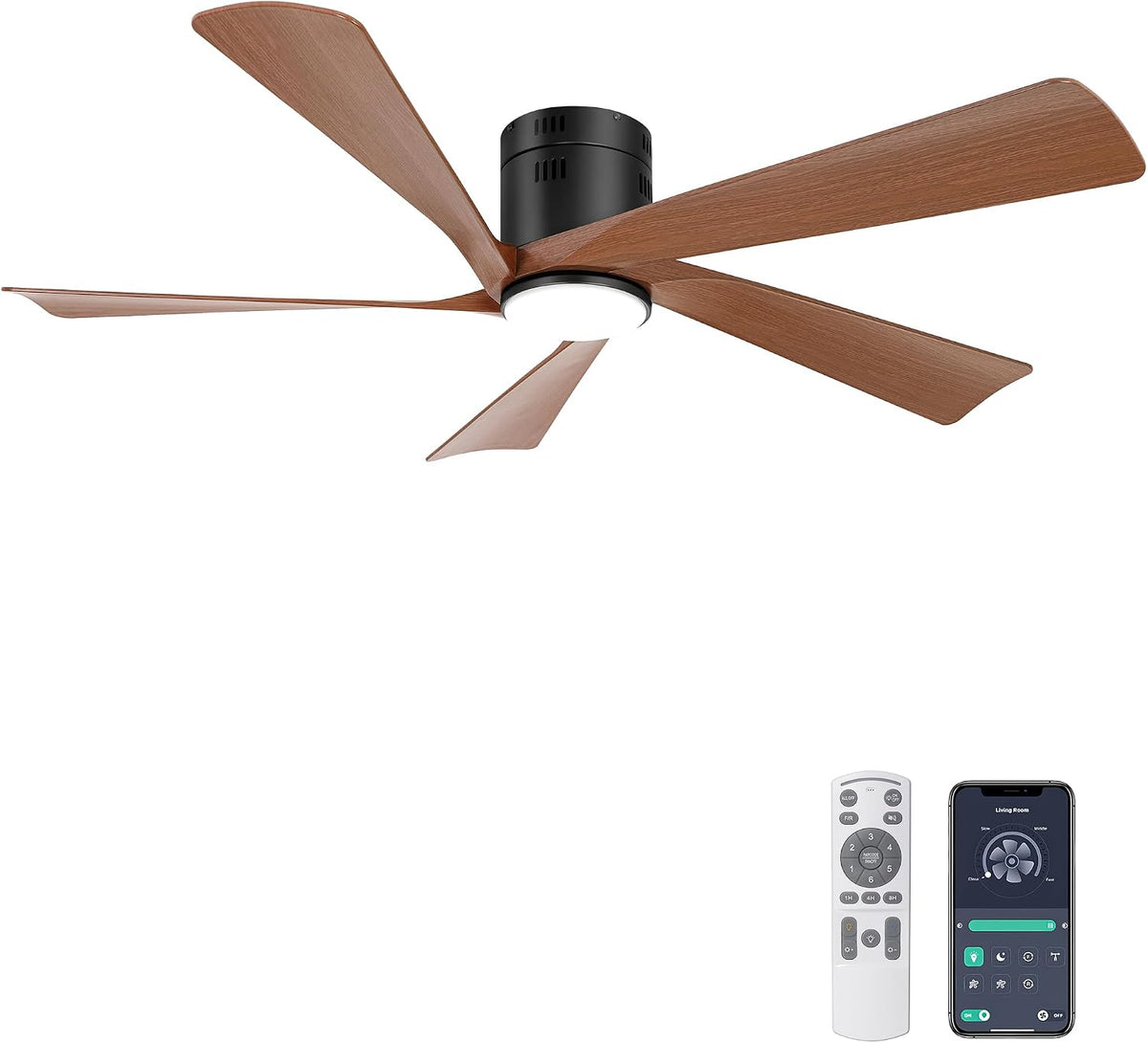 Ventoinha de teto com luz, Ohniyou, Deckenventilator, 132 cm, 52 ', 30 dB, 6 níveis, com iluminação LED, com comando à distância, Walnuss / Preto