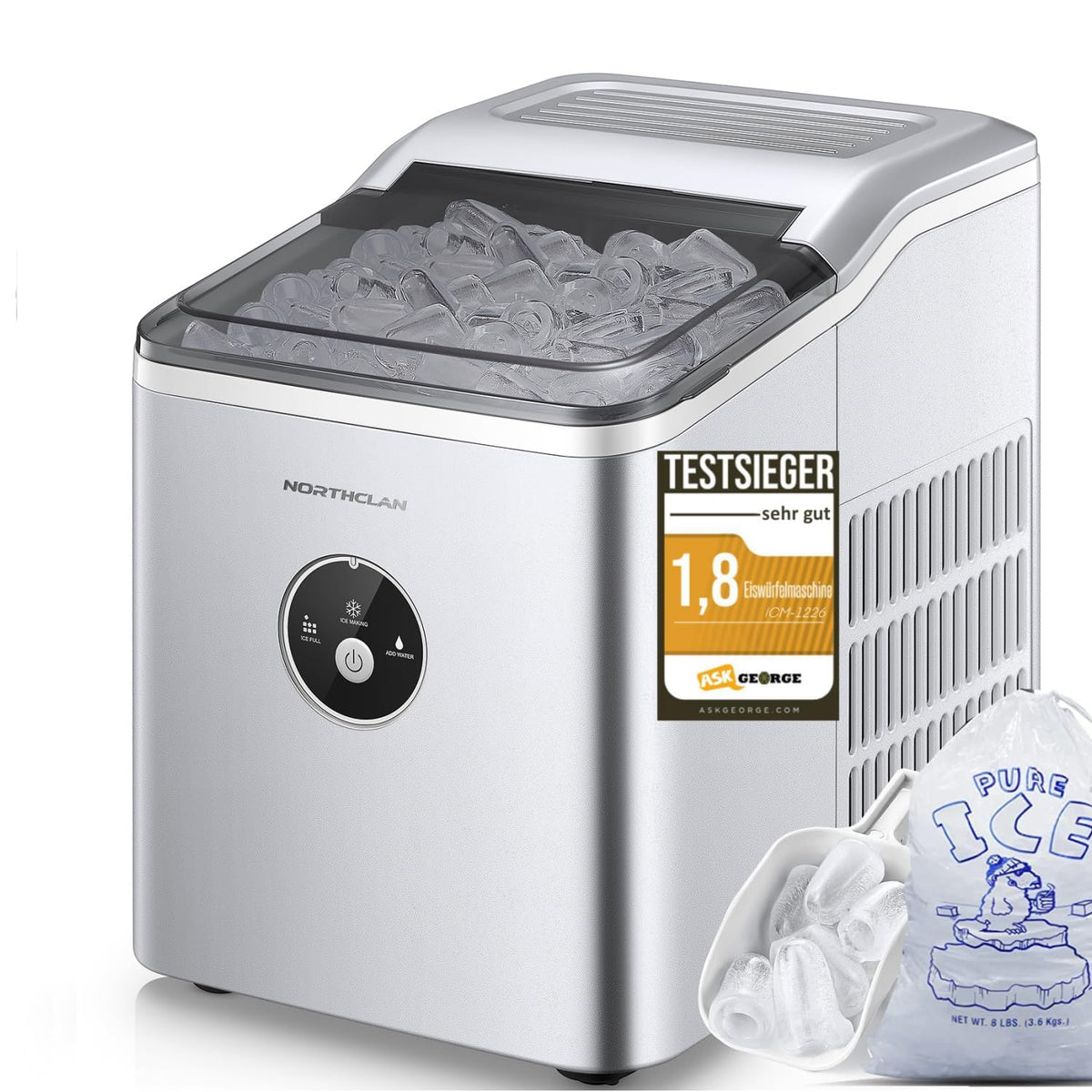 Máquina de cubos de gelo, NORTHCLAN, 120W, 14 kg, 450g, alumínio, Prateado, para uso diário