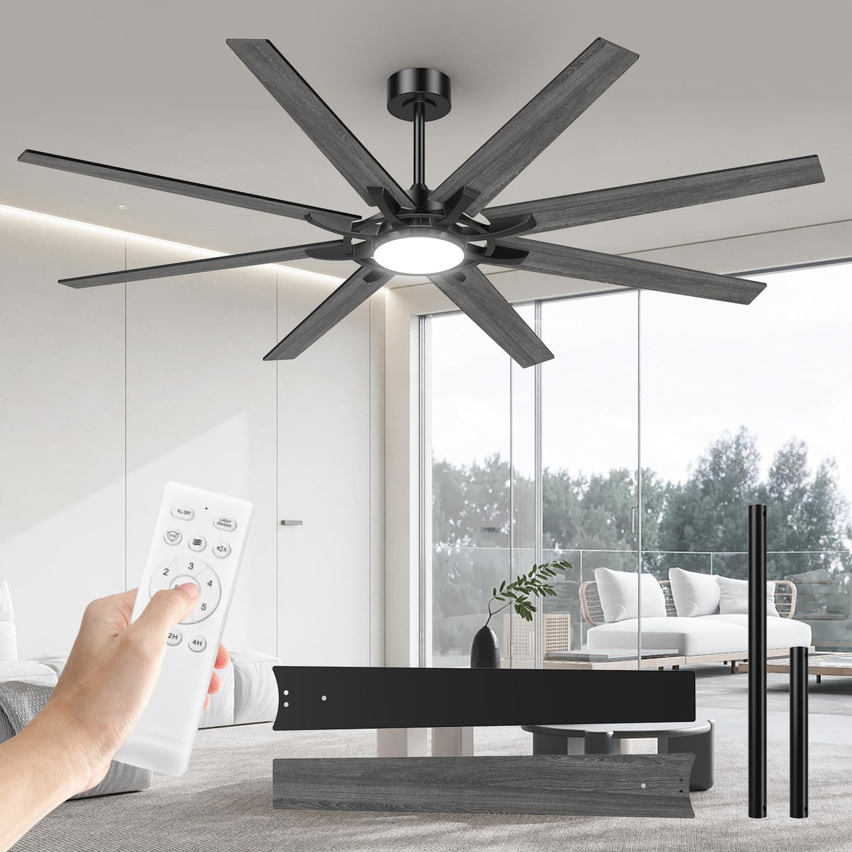 Ventoinha de teto com luz, Airwit, 183cm, com comando à distância, madeira, Preto / Cinzento, para uso diário