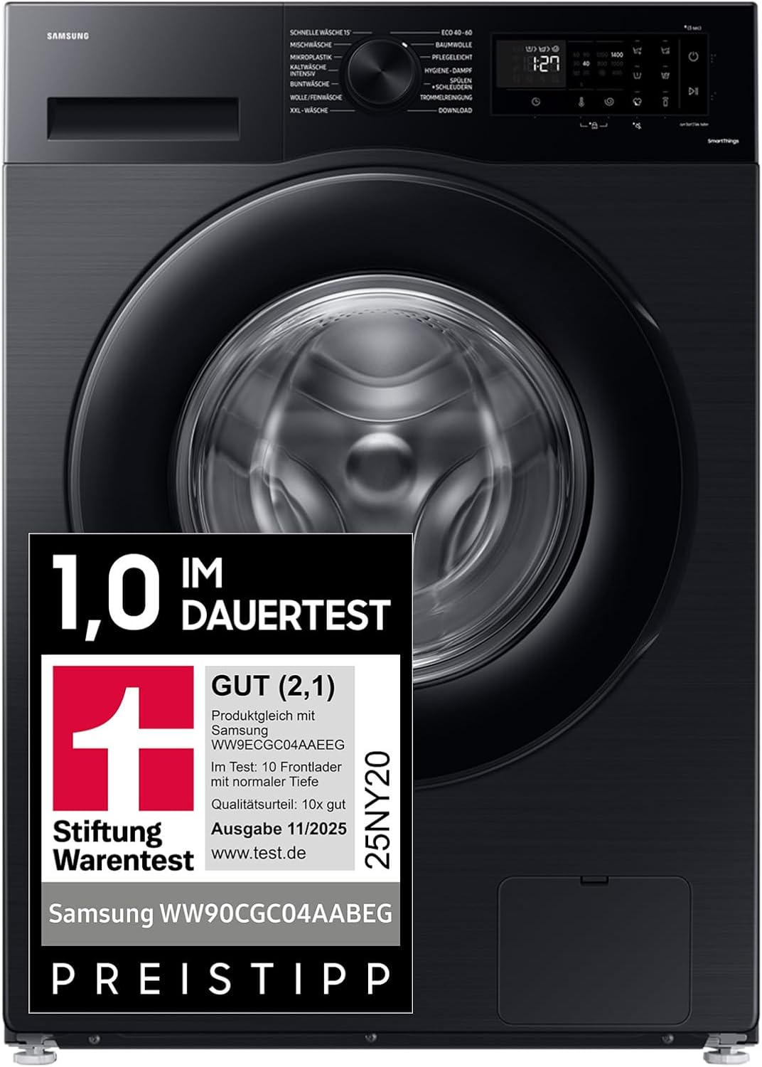 Samsung, Máquina de lavar roupa, Waschmaschine, 9 kg, 1.400 U/min, 14 programas, 55 cm, com controlo por aplicação, poliéster, Preto, para uso diário