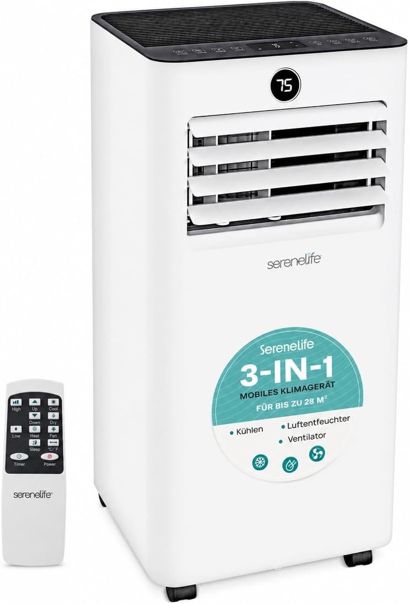 Ar condicionado portátil, SereneLife, Klimager, 54 dB, com comando à distância, com temporizador, com controlo por aplicação, Branco / Preto
