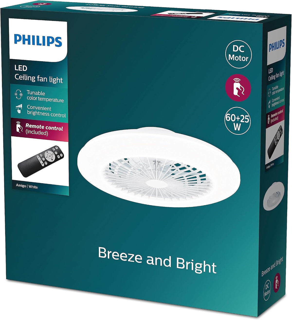 PHILIPS, Ventoinha de teto com luz, Deckenventilator, 25W, 60W, 58cm, classe energética E, com comando à distância, com temporizador, Branco