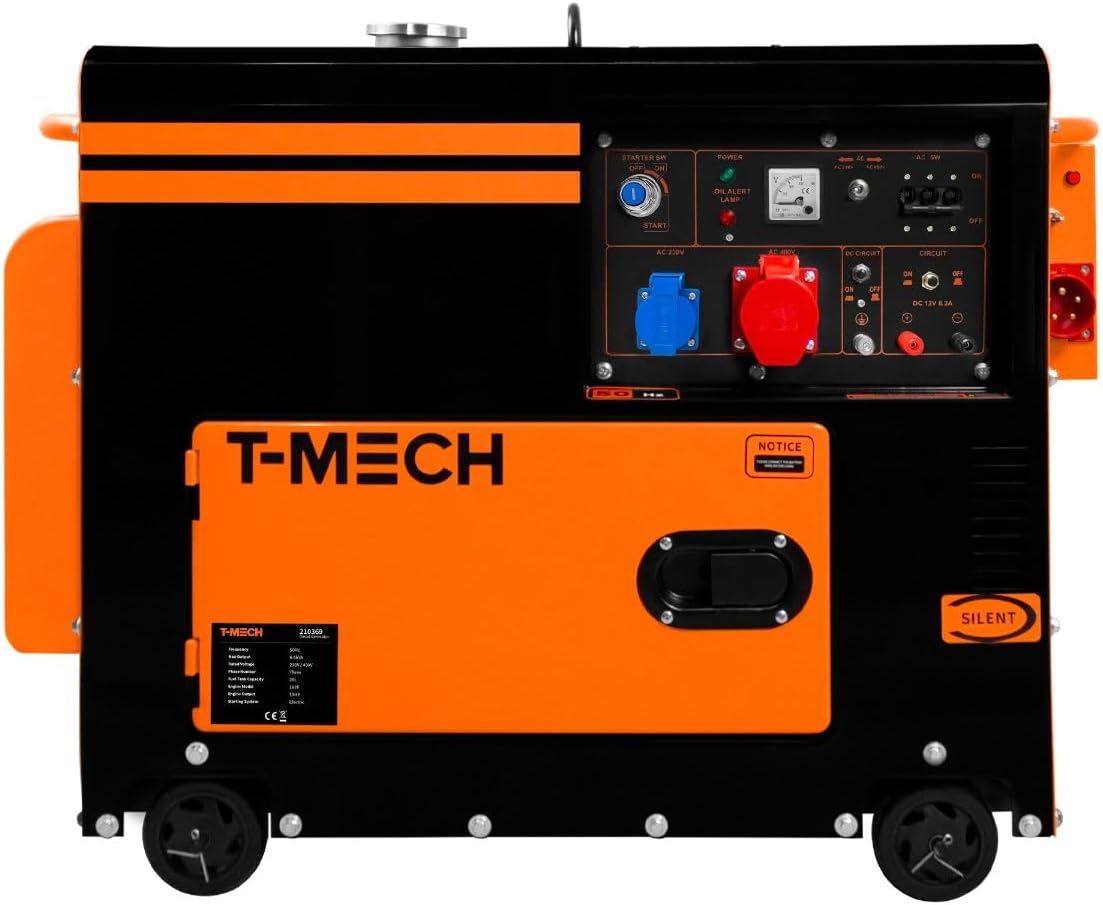 Gerador elétrico, T-Mech, 6500 W, 13 PS, 230 V, 400 V, com rodas, aço, Preto / Laranja, para trabalhos de manutenção