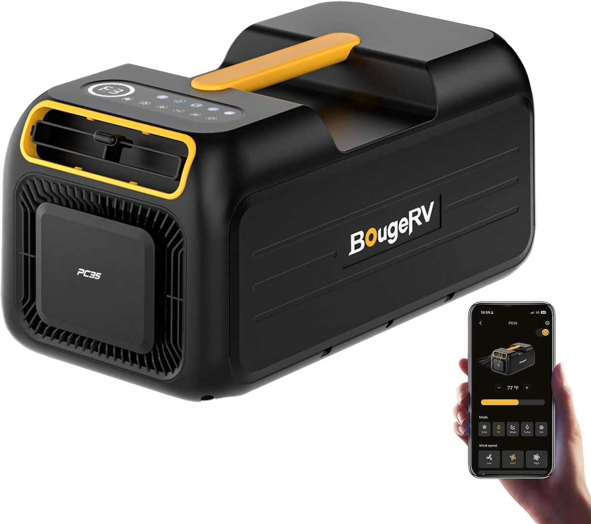 Ar condicionado portátil, BougeRV, 2026, 100V, 240V, com temporizador, com controlo por aplicação, Preto / Amarelo, para uso diário