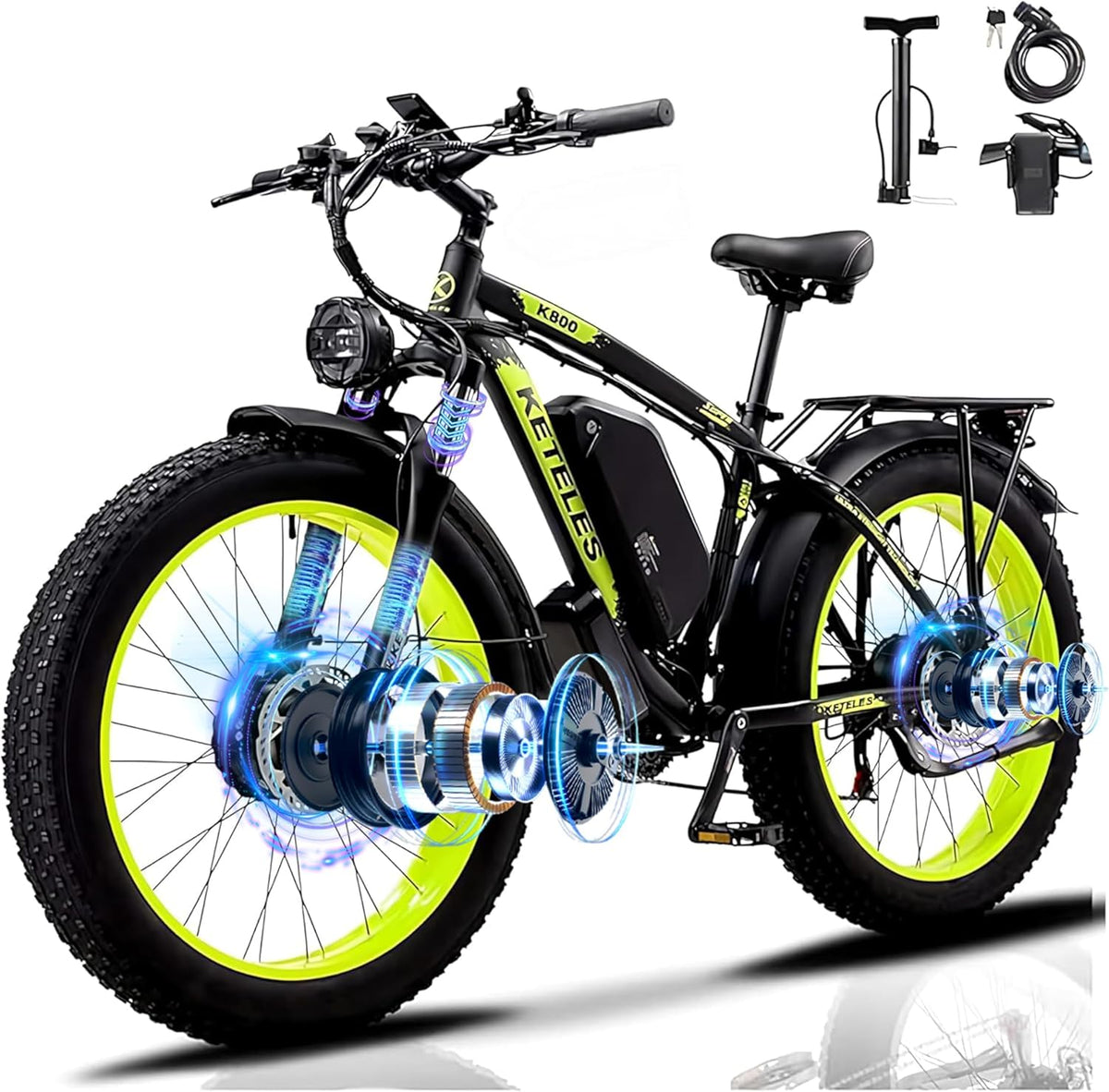 Bicicleta, QIKAITU, 250W, 48V, 23Ah, 26', regulável, alumínio, Preto / Amarelo, para uso diário