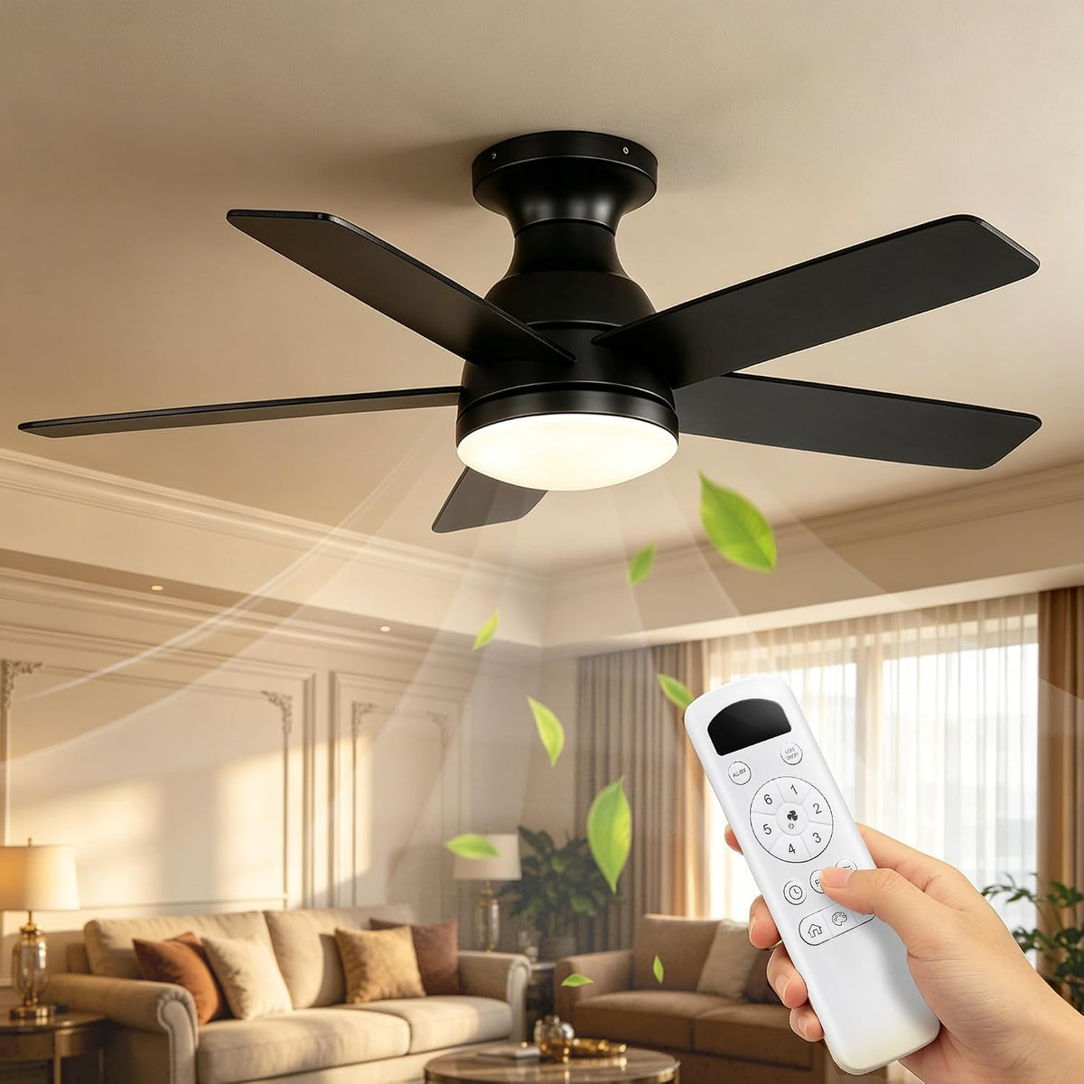 Ventoinha de teto com luz, OZEANOS, 112 cm, 44 ', 33W, 35 dB, 6 níveis, com iluminação LED, com comando à distância, com temporizador, Preto
