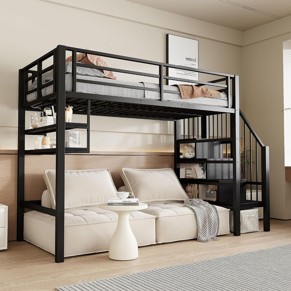Cama, Moimhear, 200 cm, 90 × 200 cm, com prateleiras, sem colchão, aço, madeira, Preto, para o quarto